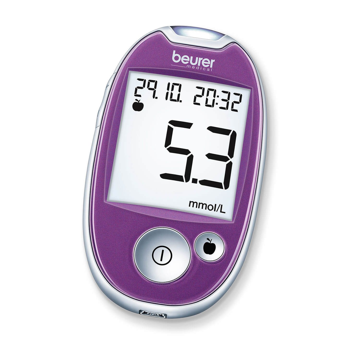 Beurer GL 44 Blutzuckermessgerät. Anzeige: 29.10. 20:32, 5.3 mmol/L. Mit runden Bedientasten.