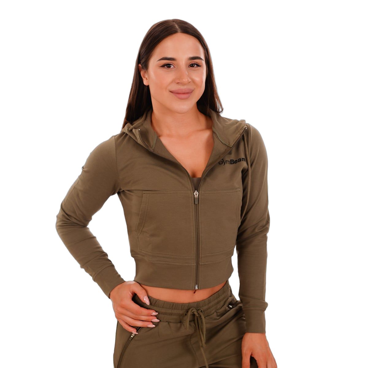 GymBeam Hoodie Damen slim cropped mit Reißverschluss in Olive 1 St