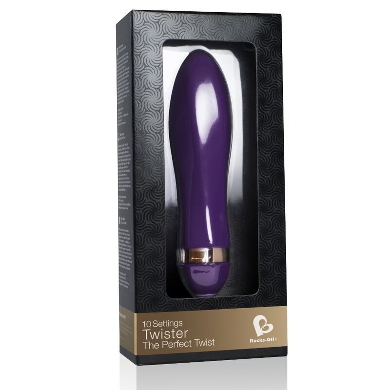 Verpackung mit einem lila Vibrator. Text: 10 Settings Twister, The Perfect Twist, Rocks-off Logo.