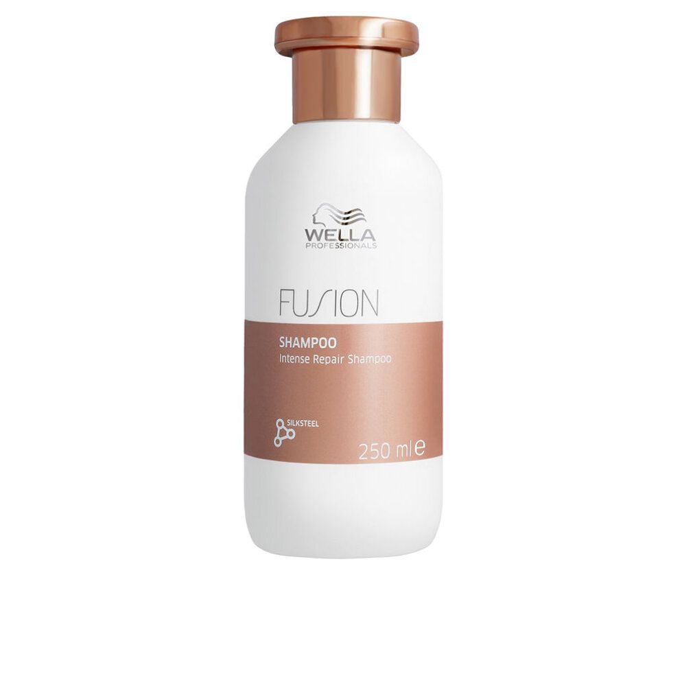 Weiße Shampoo-Flasche mit kupferfarbenem Deckel. Aufschrift: Wella FUSION, Shampoo, Intense Repair Shampoo, 250 ml.