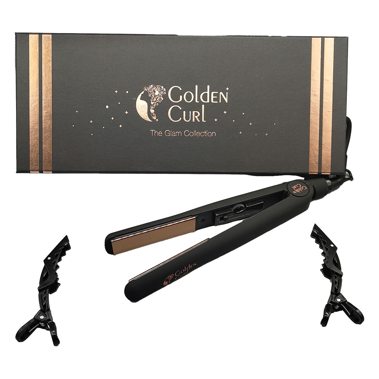 Glätteisen und Zubehör. Schwarzes Glätteisen mit goldfarbenen Platten. Zwei schwarze Haarspangen. Box im Hintergrund.