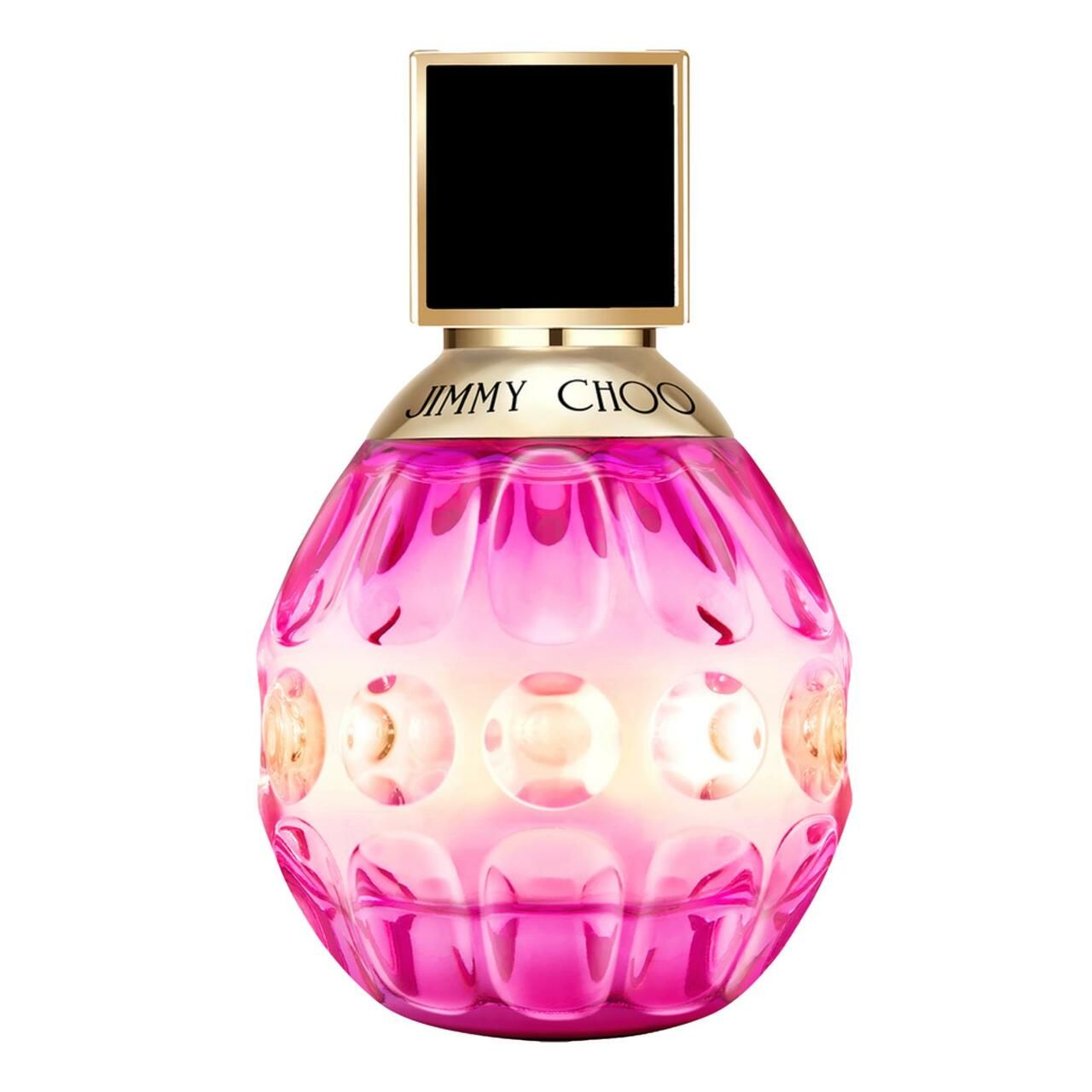 Rosa Flakon mit schwarzem Deckel. Goldener Schriftzug: Jimmy Choo. Tropfenförmig mit dekorativen Elementen. Rosa-weißer Farbverlauf.