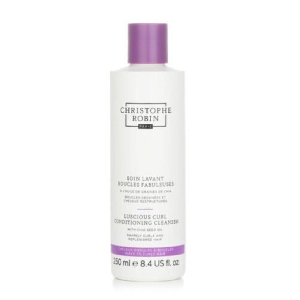 Weiße Flasche mit lila Verschluss, 250 ml, Christophe Robin Luscious Curl Conditioning Cleanser.