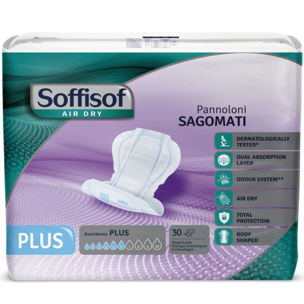 Soffisof Air Dry Inkontinenzeinlagen für Erwachsene Plus. Die Packung zeigt 30 geformte Einlagen. Auf der Verpackung sind Merkmale wie dermatologisch getestet, doppelte Absorptionsschicht, Geruchskontrolle, lufttrocken und Körperform angegeben.