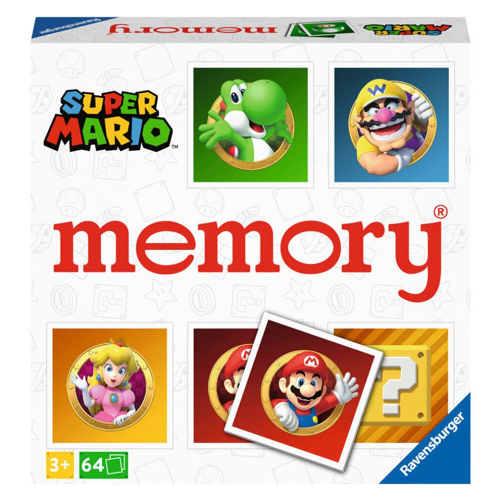 Ravensburger Memory Super Mario. Kartenspiel mit Charakteren. Verpackung mit Spielkarten. Altersempfehlung: 3+.