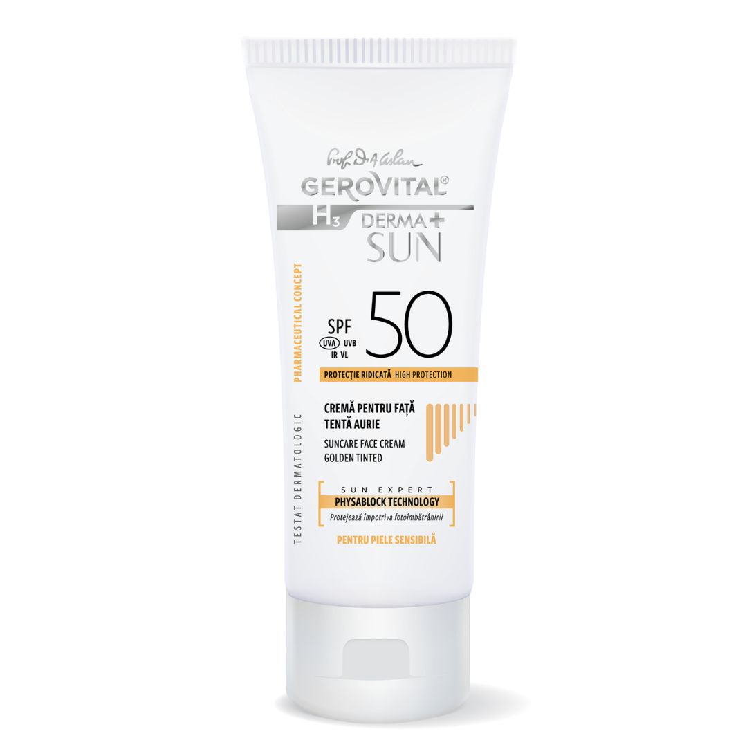 Weiße Tube mit Sonnencreme. Aufschrift: Gerovital H3 Derma+ Sun, SPF 50. Creme für Gesicht, getönt.