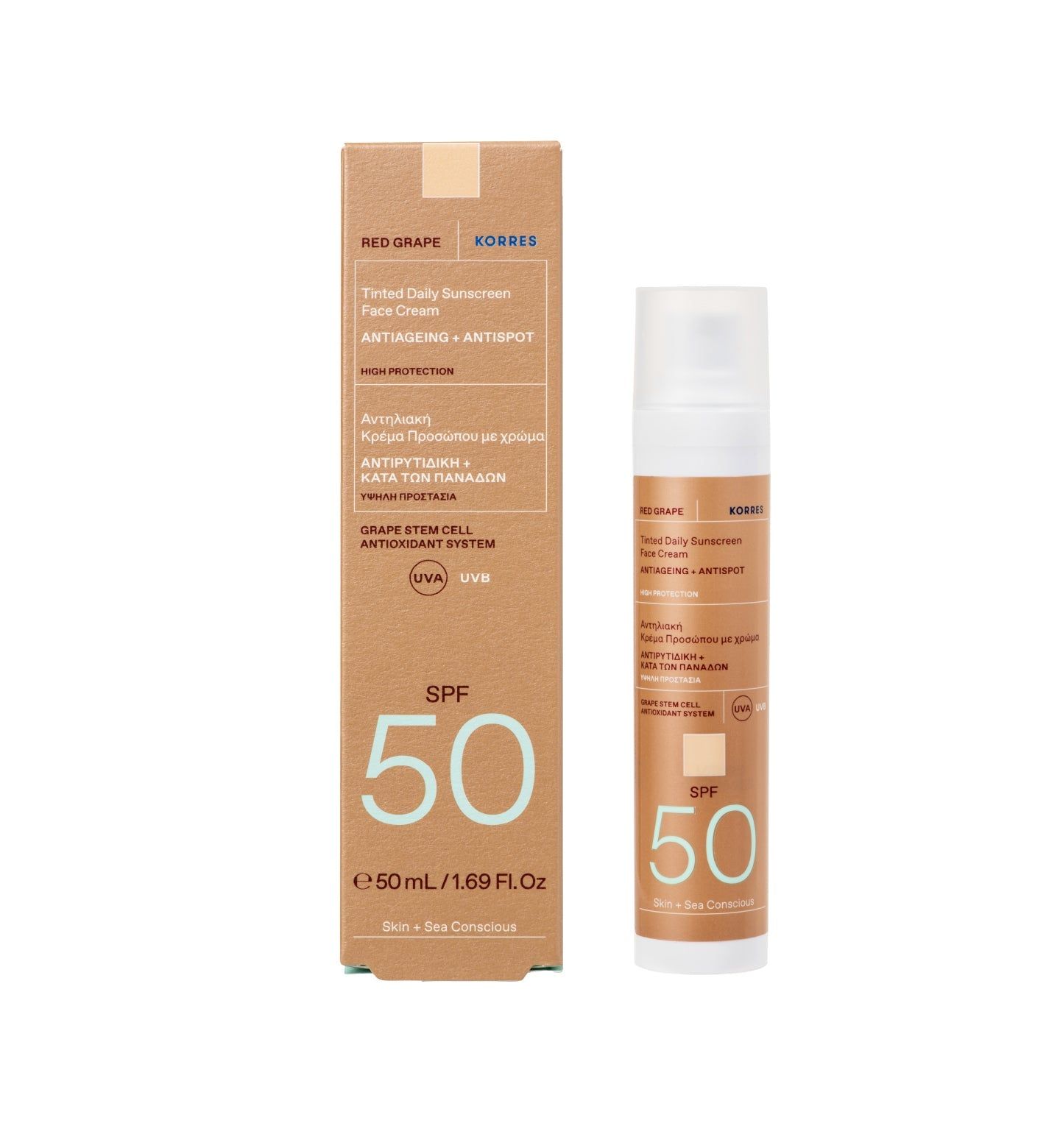Sonnencreme-Flakon und Karton. Aufschrift: KORRES Red Grape, getönte Sonnencreme, Anti-Aging, Anti-Flecken, SPF 50. 50 ml.