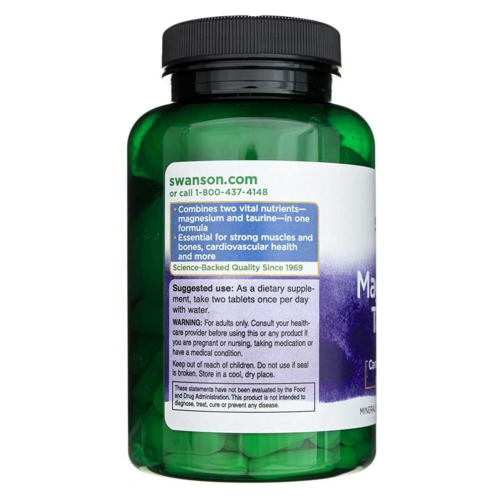 Grüne Kunststoffflasche mit schwarzem Deckel, gefüllt mit Tabletten. Enthält Magnesium und Taurin.