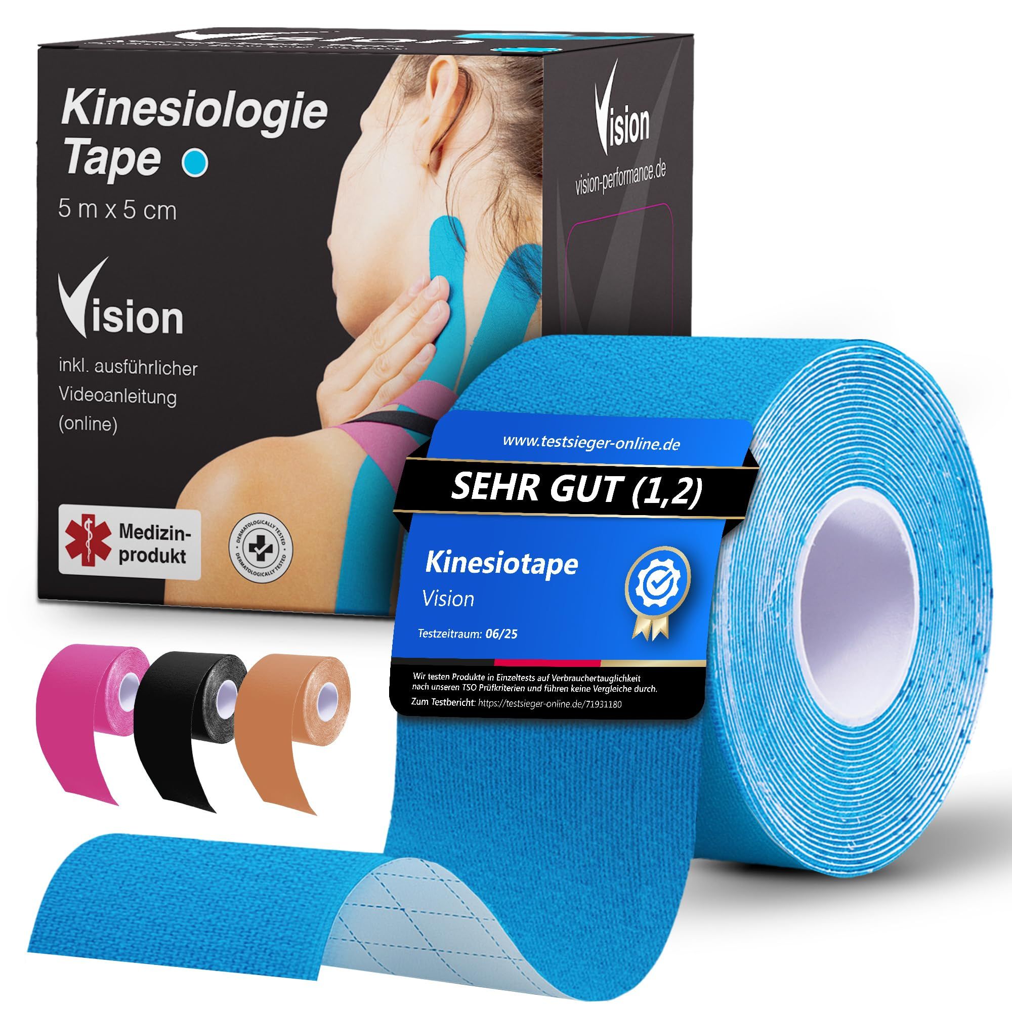 Blaues Kinesiologie Tape, 5m x 5cm, mit Verpackung. Mehrere Farben sichtbar. Medizinprodukt.