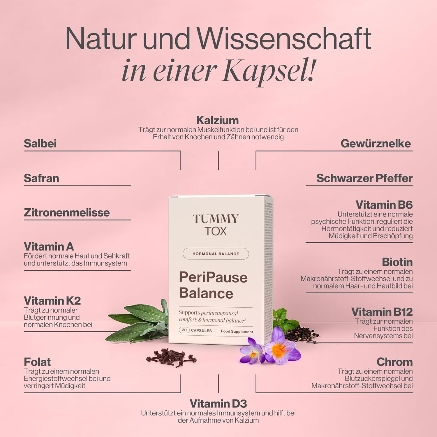 Packung "Tummy Tox PeriPause Balance" mit Inhaltsstoffen. Text: Natur und Wissenschaft in einer Kapsel! Vitamine und Mineralien.