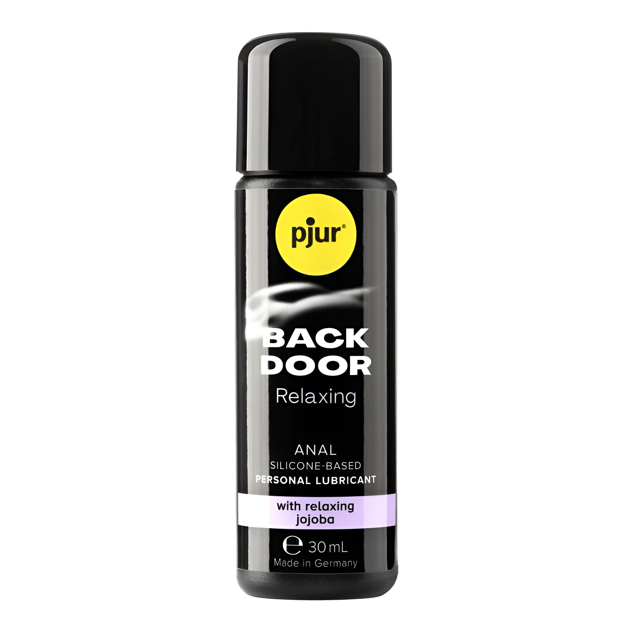 Schwarze Flasche mit schwarzem Deckel. Aufschrift: pjur, BACK DOOR, Anal Lubricant. Enthält 30 ml. Mit Jojoba.