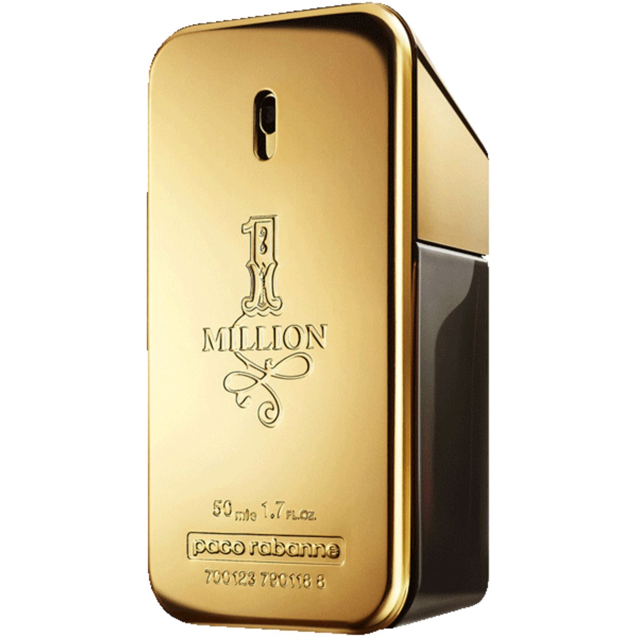 Goldfarbener Flakon "1 Million" mit schwarzem Teil. Eckige Form, goldene Farbe, Text auf dem Flakon.