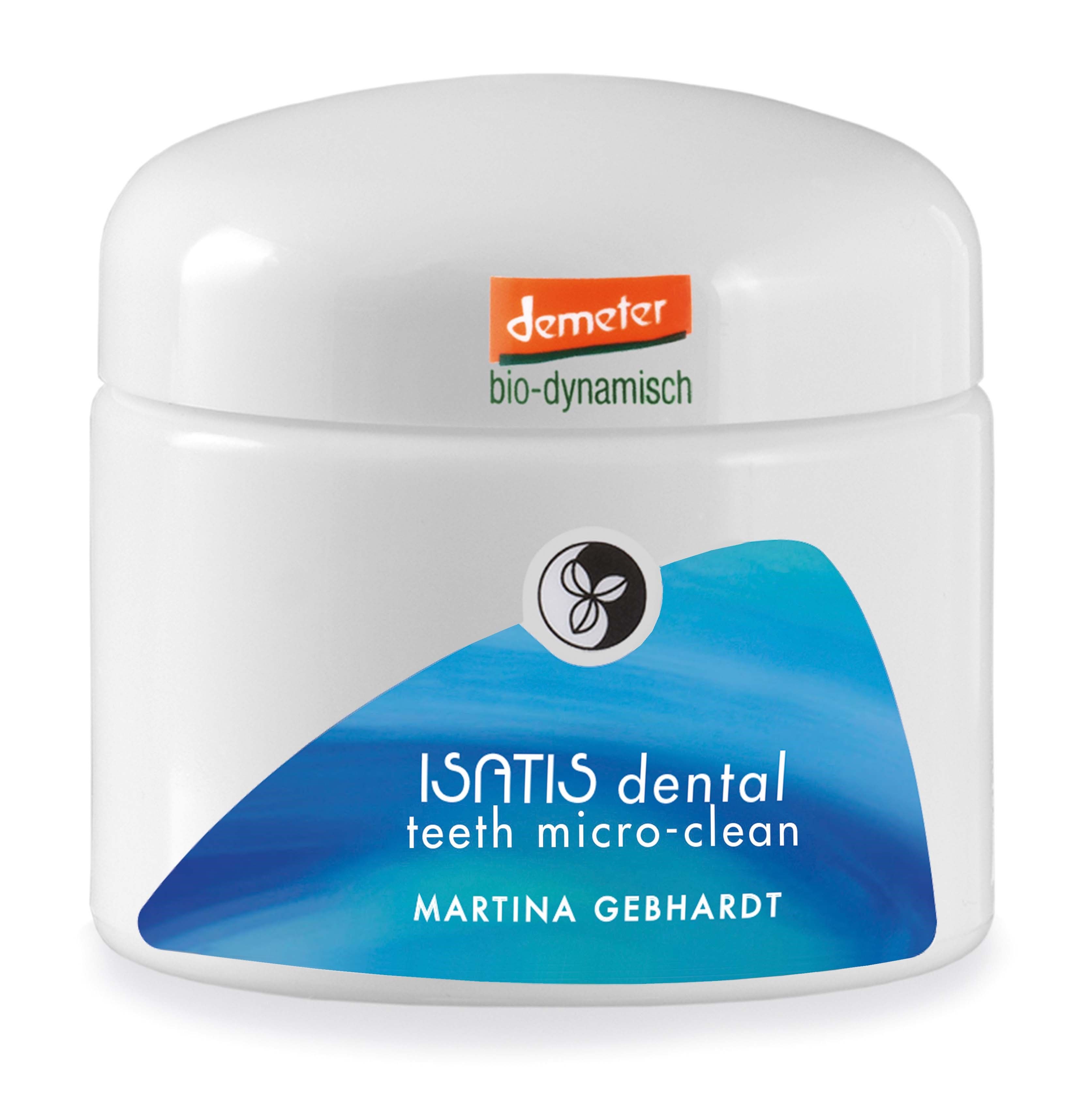 Weißes Tiegel mit Deckel. Aufschrift: ISATIS dental teeth micro-clean, Martina Gebhardt. Demeter-Siegel.
