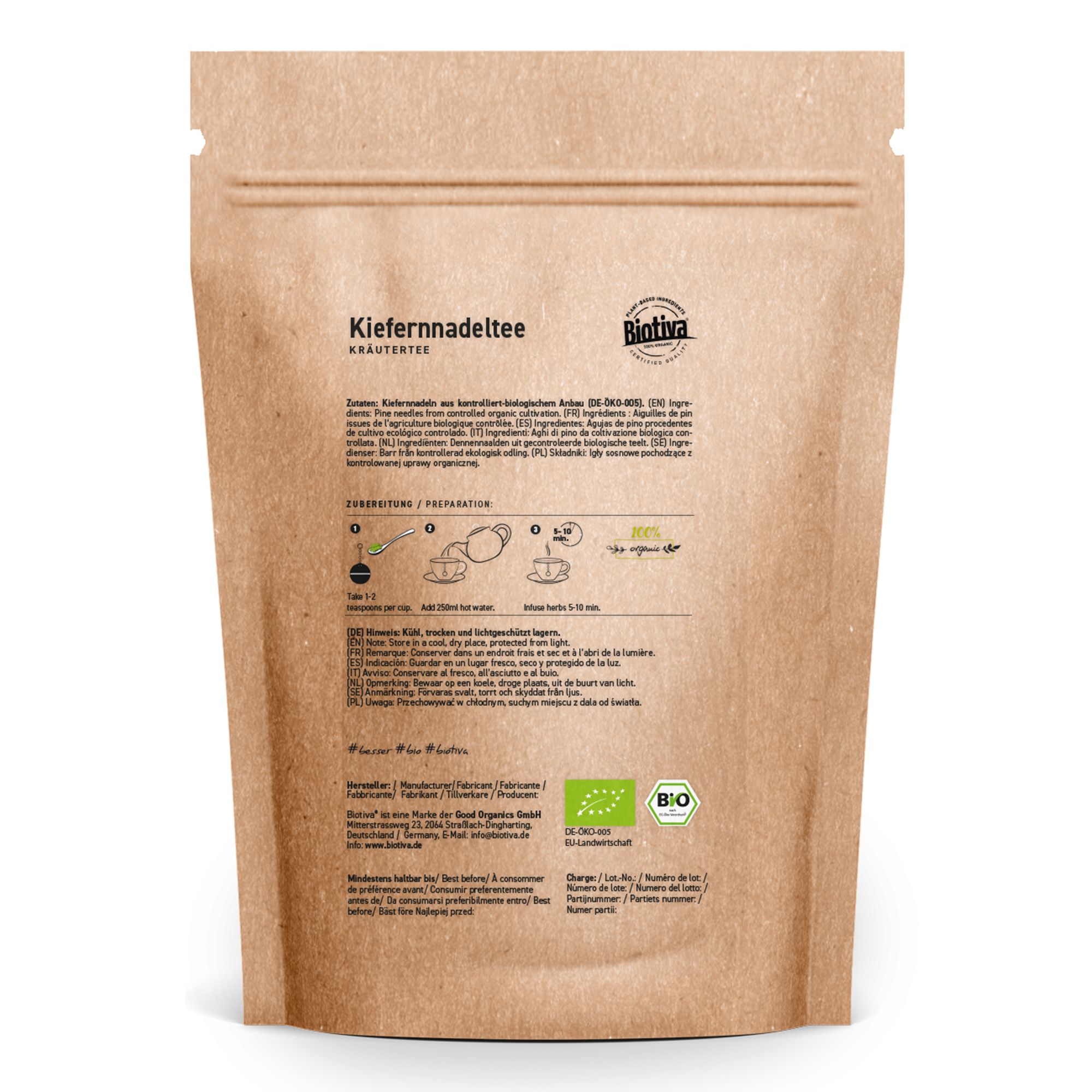 Rückseite der Kiefernnadeltee-Verpackung. Informationen, Zubereitungshinweise und Bio-Siegel.