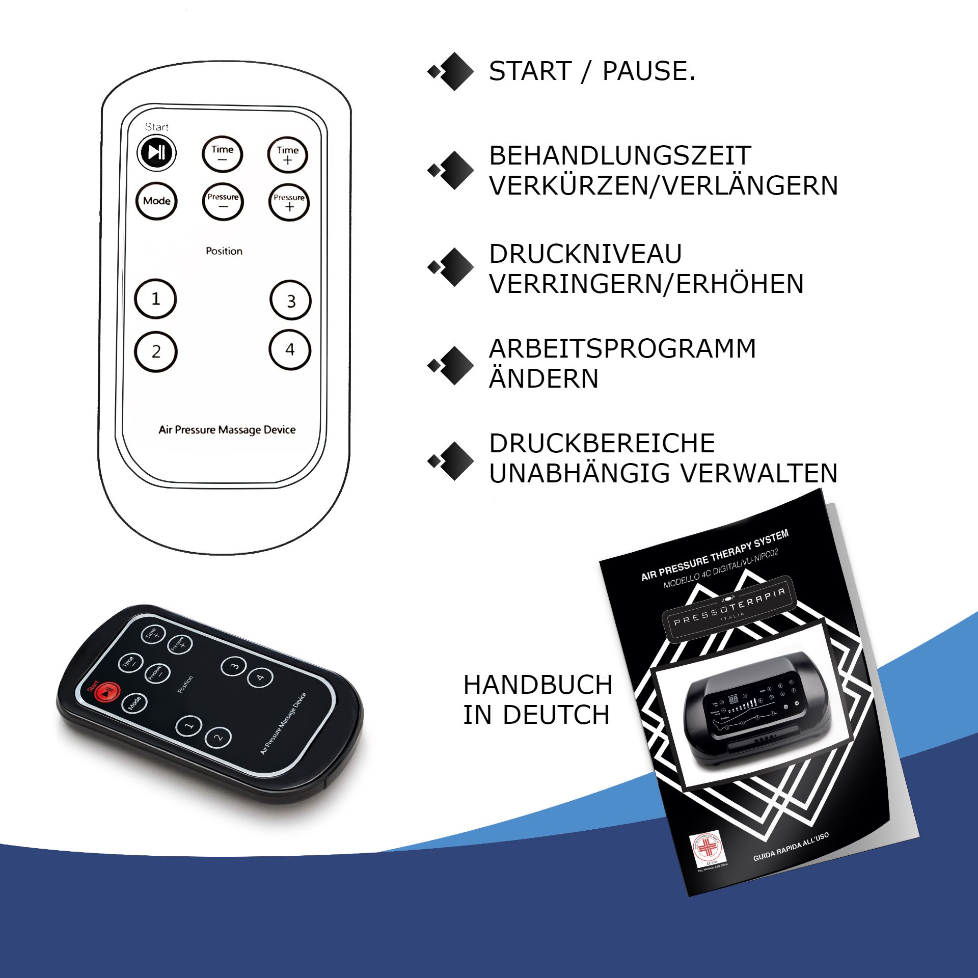 Luftdruckmassagegerät-Fernbedienung und Handbuch.