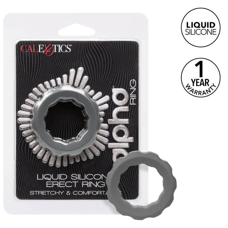 Verpackung mit Ring. Marke CalExotics, Text: Alpha Ring, Liquid Silicone Erect Ring. 1 Jahr Garantie.