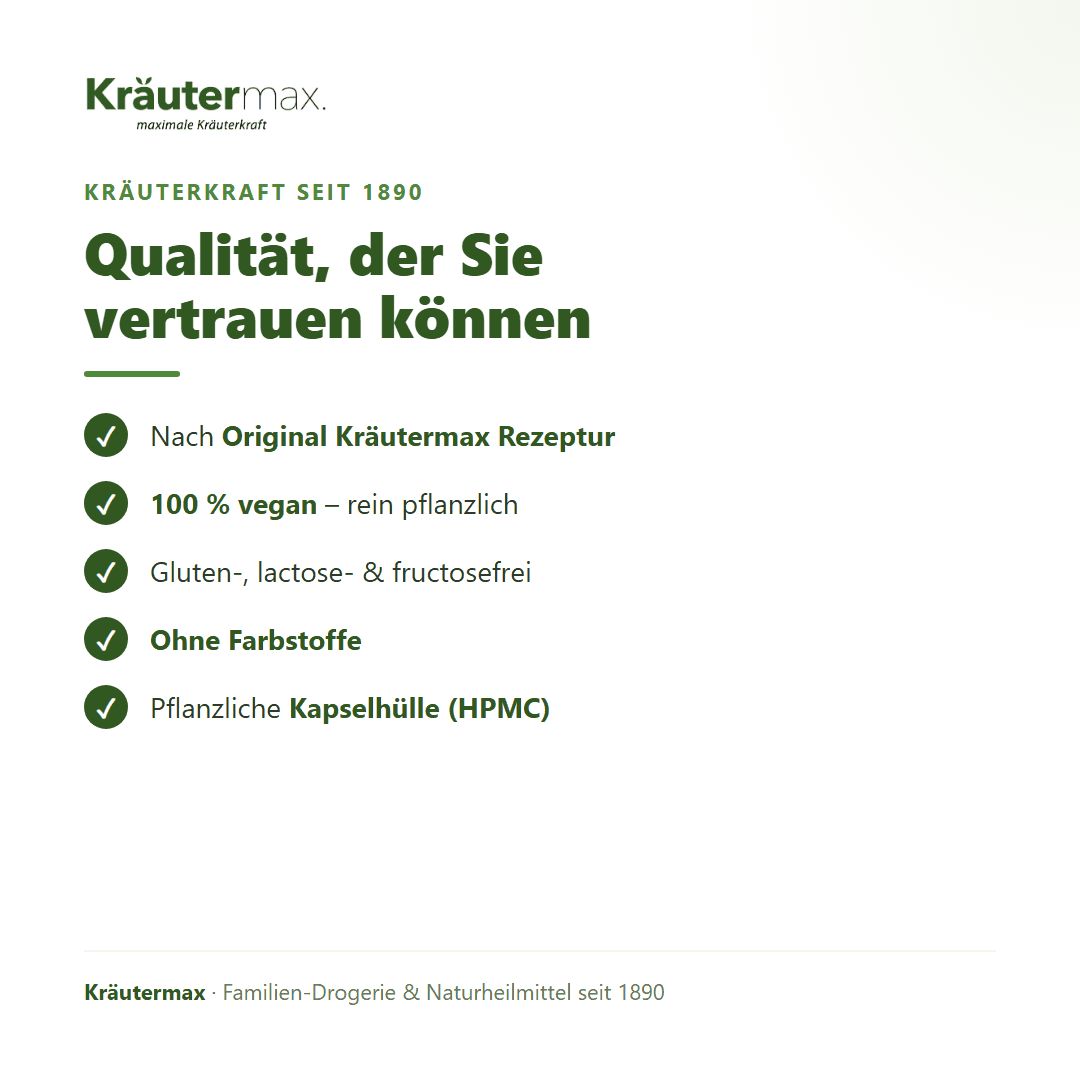 Qualitätsmerkmale von Kräutermax: Nach Originalrezept, 100% vegan, glutenfrei, ohne Farbstoffe.