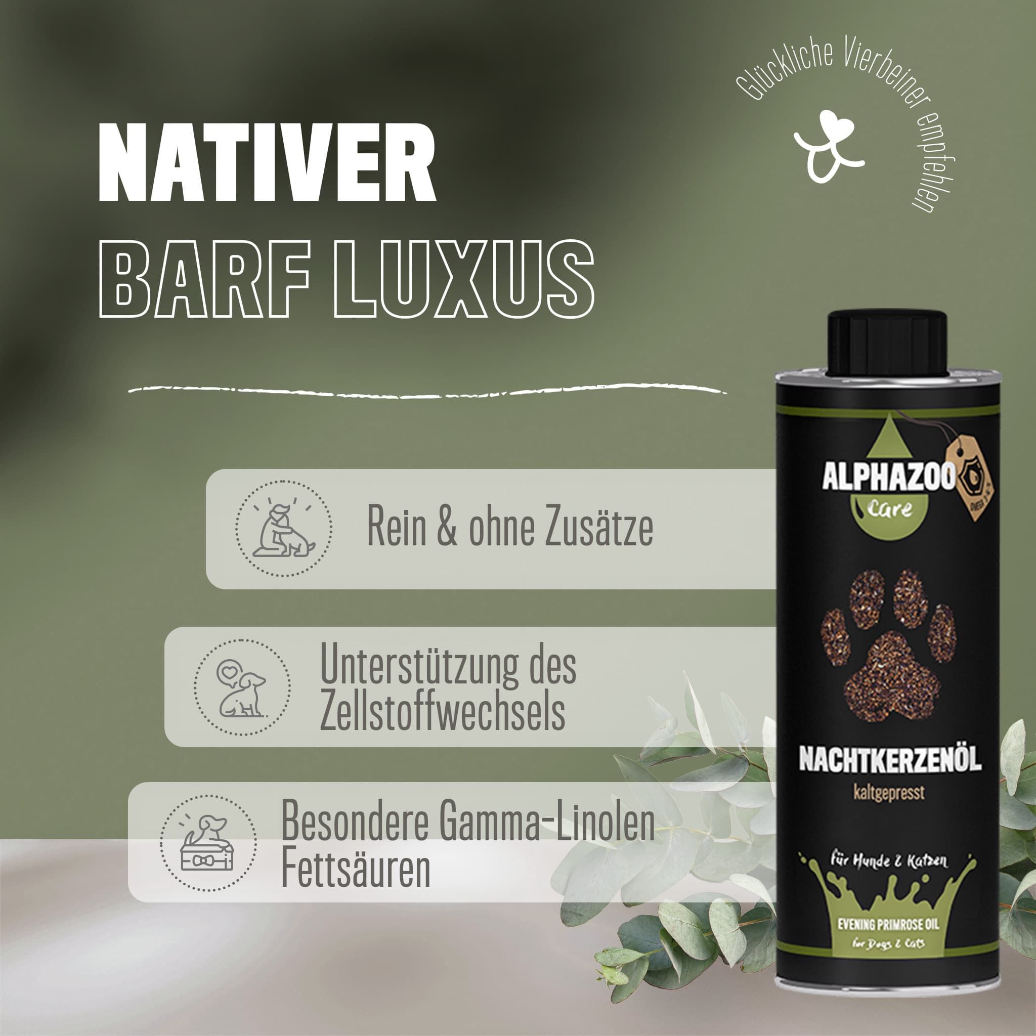 ALPHAZOO Premium Nachtkerzenöl 250ml I Hunde Katzen I Omega 3 6 9 Öl bei Schuppen & Allergie