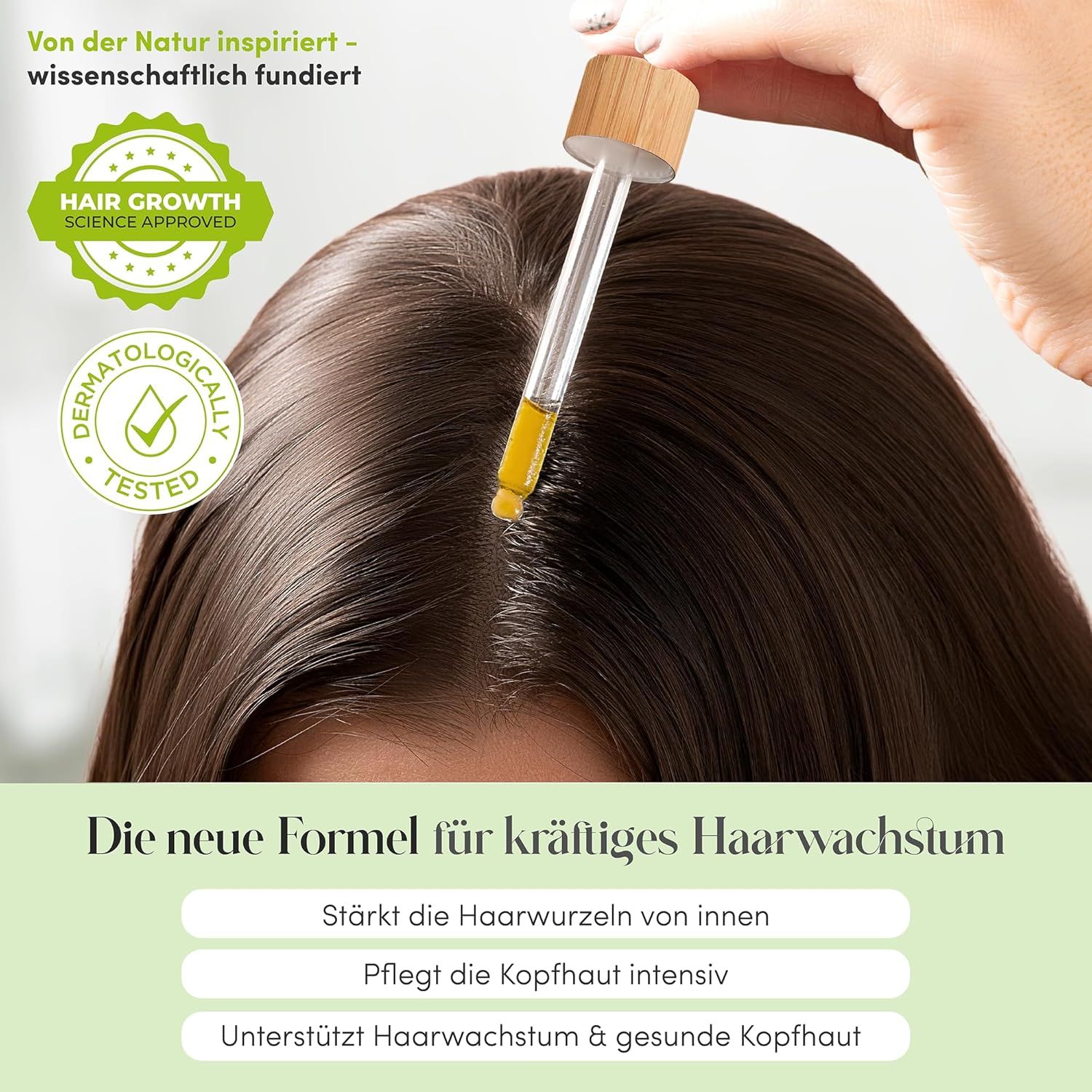 Nahaufnahme von Haaren, die mit einem Tropfer behandelt werden. Logo und Zertifizierungen. Text: Neue Formel für Haarwachstum.