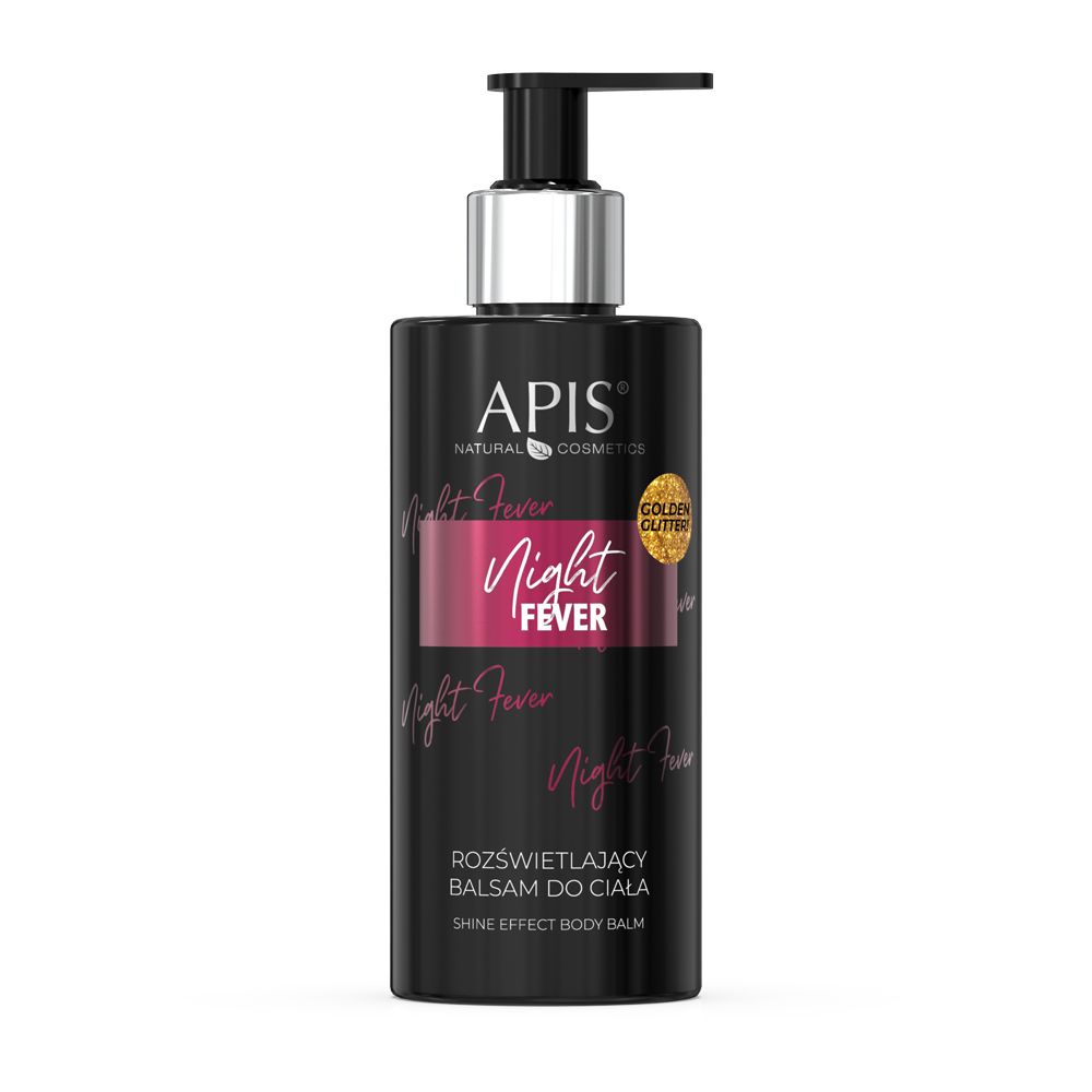 Schwarze Flasche mit Pumpe. Aufschrift: APIS Night Fever. Rosa Etikett mit Text. Goldener Glitzer-Aufkleber.