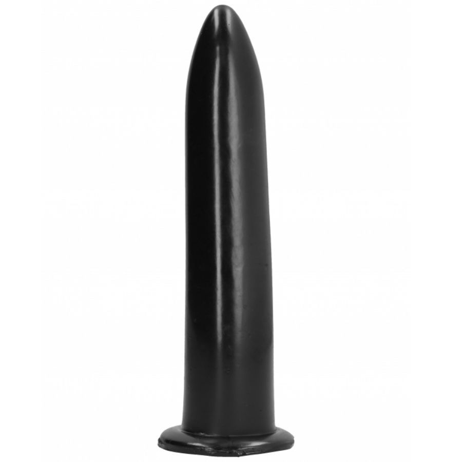 Schwarzer Anal-Dildo mit konischer Form und quadratischer Basis. Glatte Oberfläche.