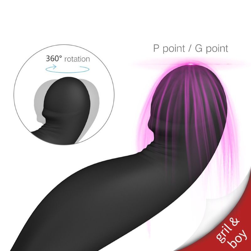 Nahaufnahme eines schwarzen Vibrators. 360° Rotation und P-Punkt/G-Punkt-Bereich hervorgehoben. Text: gril & boy.