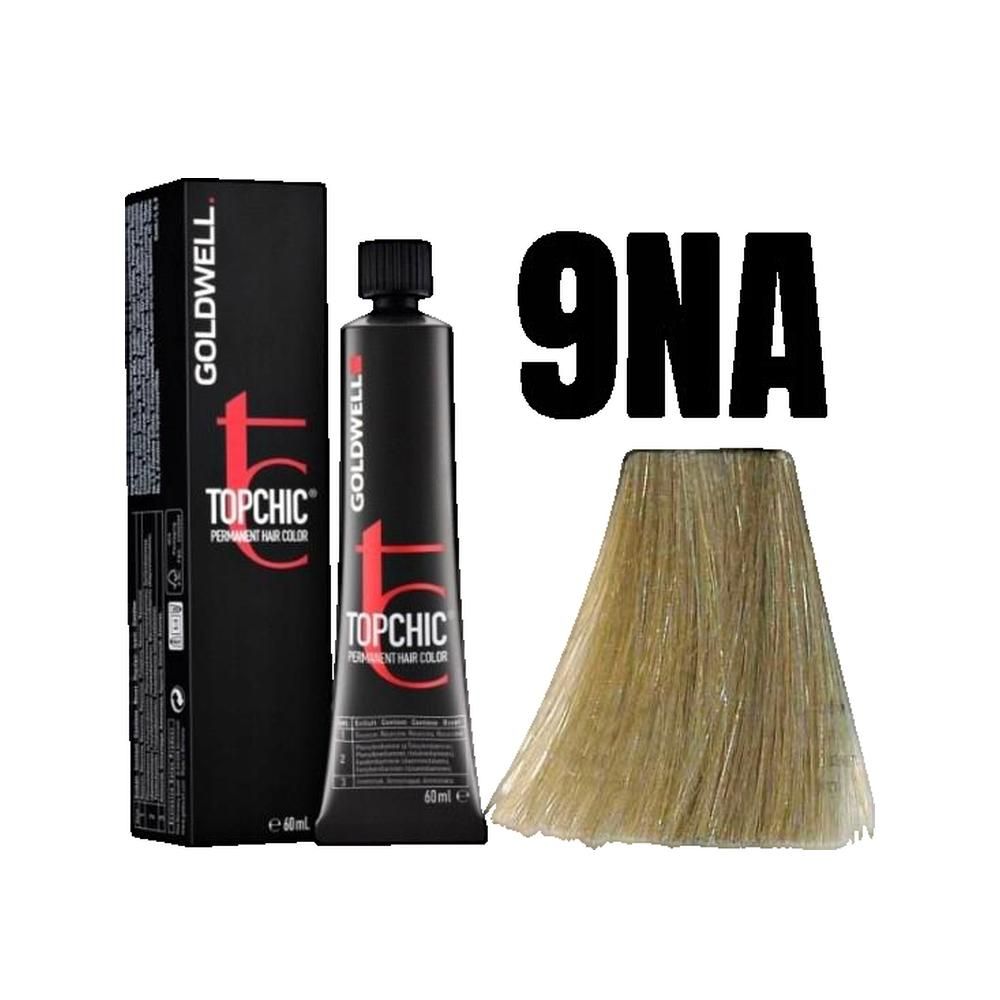 Goldwell Topchic Haarfarbe. Schwarze Tube und Schachtel. Aufgedruckte Produktbezeichnung und Farbnummer 9NA. Haarsträhne in Blond.