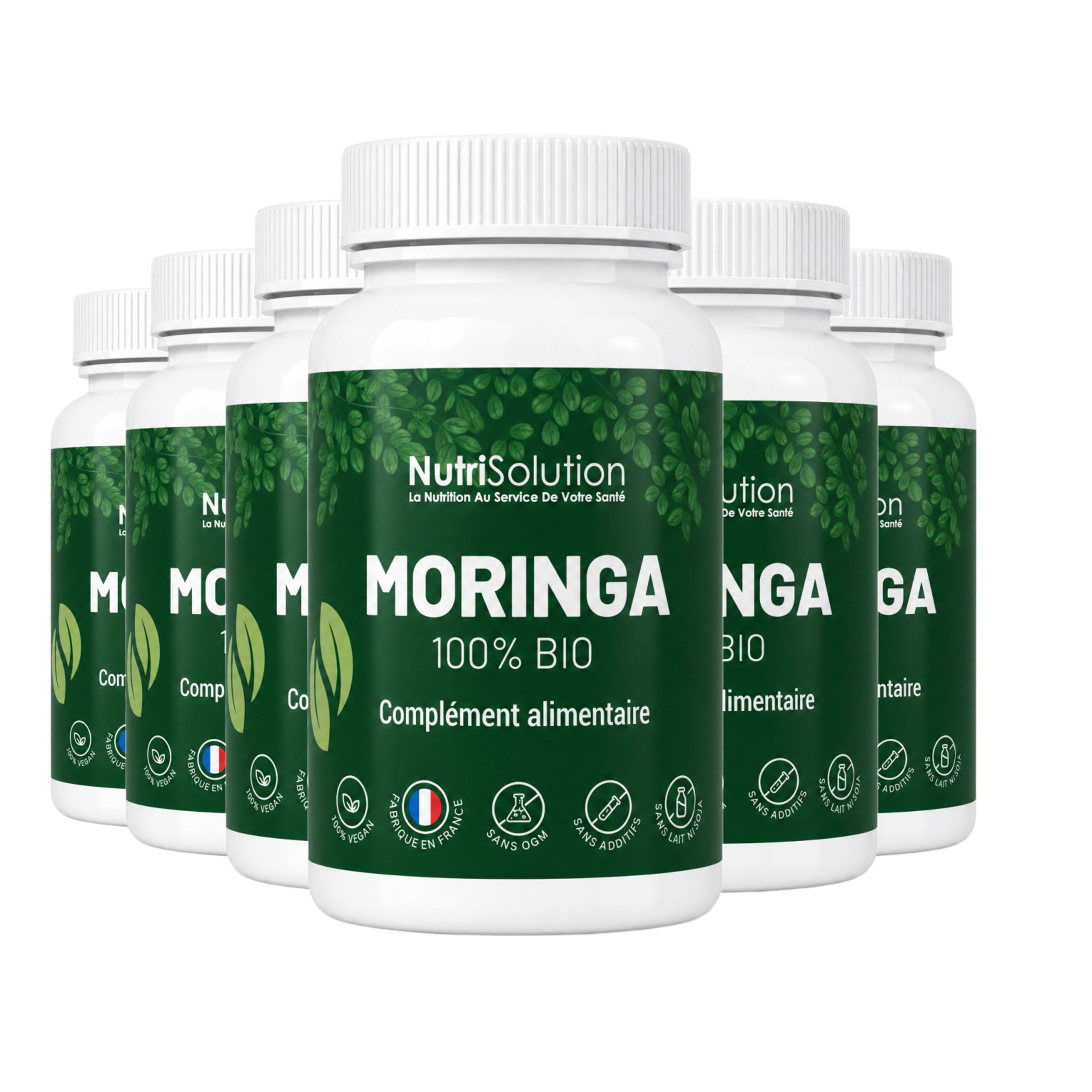 Sechs Flaschen NutriSolution Moringa 100% Bio Nahrungsergänzungsmittel mit grüner Blattdekoration.