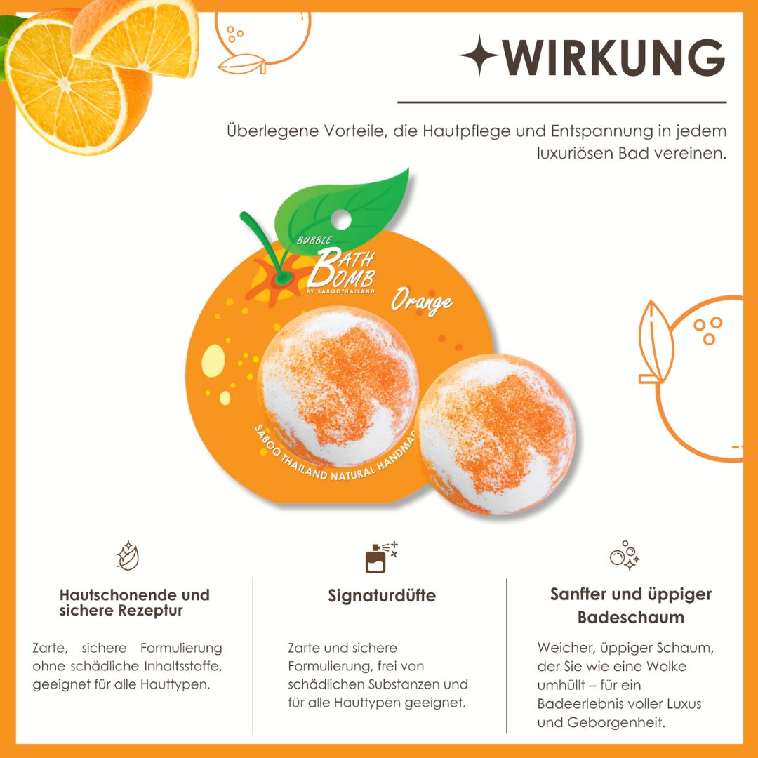 Zwei Badebomben mit Blatt-Design. Text: Wirkung. Hautschonende Rezeptur. Signaturdüfte. Sanfter Badeschaum.