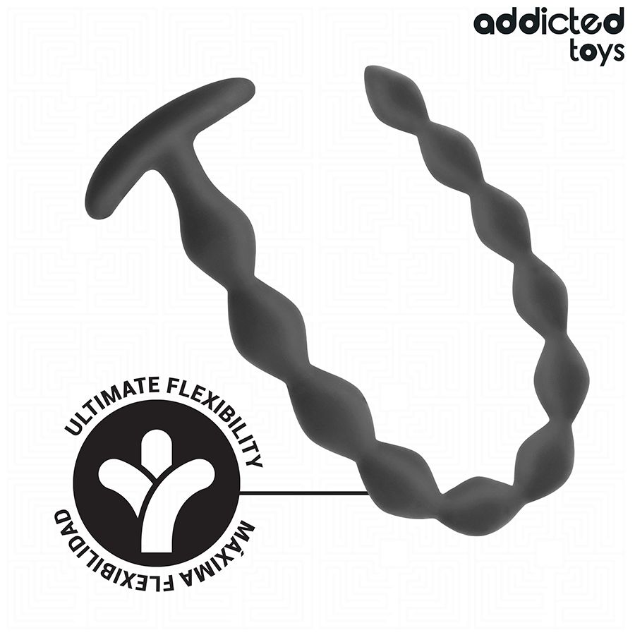 Schwarzer Analplug mit wellenförmigem Design. Text: Ultimate Flexibility, Maxima Flexibilidad. Marke Addicted Toys.