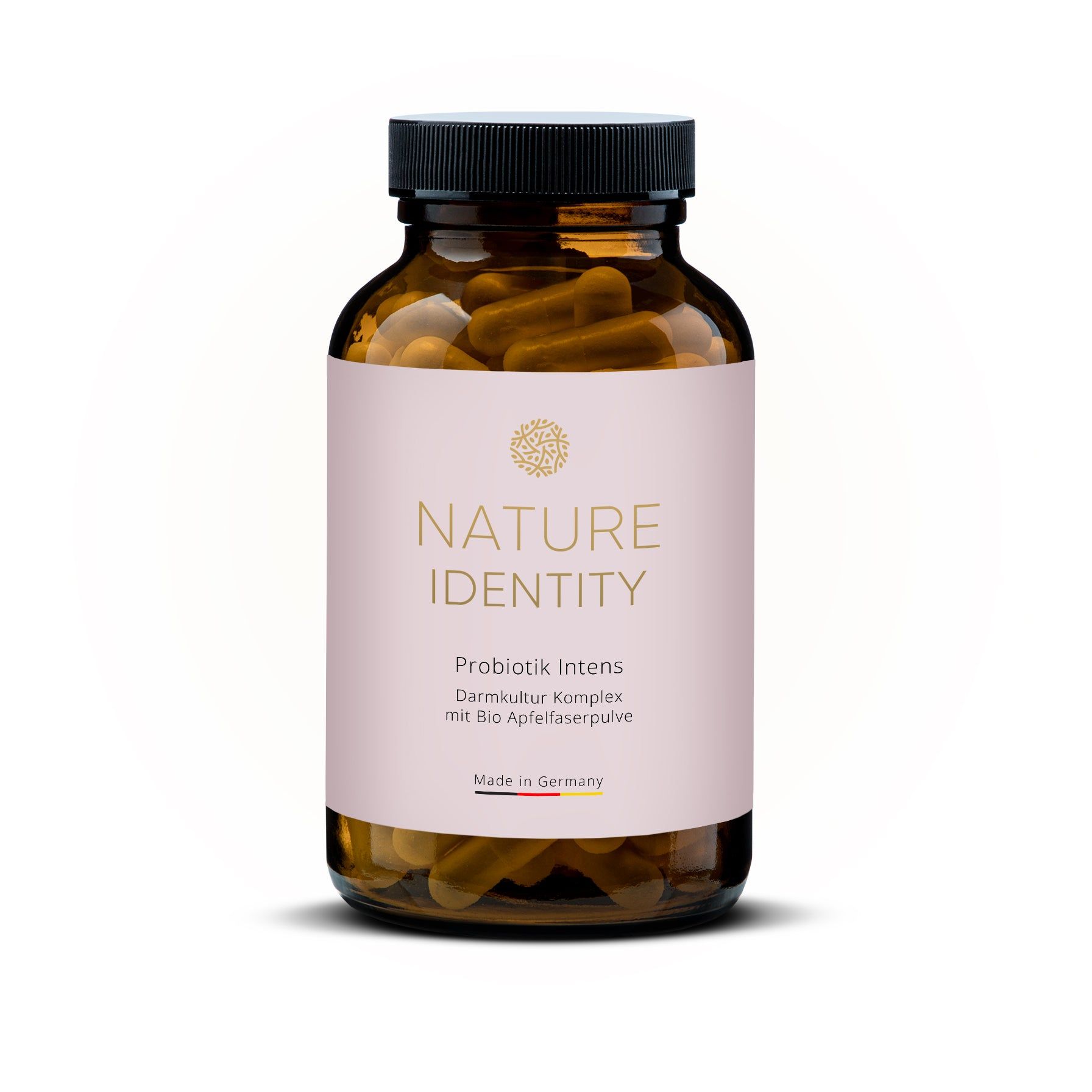 Braune Glasflasche mit Kapseln. Etikett mit "Nature Identity" und Produktinformationen. Made in Germany.