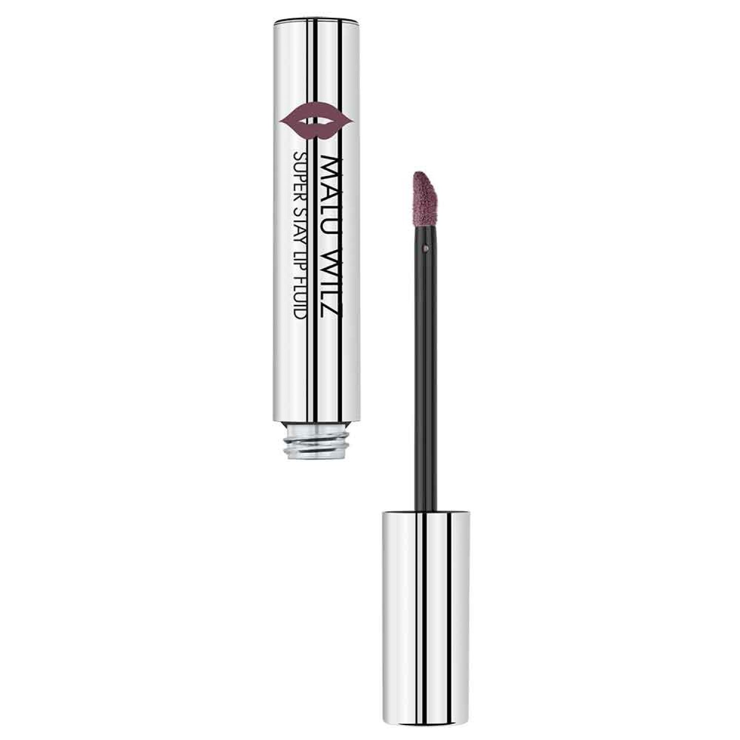 Lippen Super Stay Lip Fluid, Farbe Shaky Mauve. Silberne Hülse mit schwarzem Applikator. Produktname und Logo.