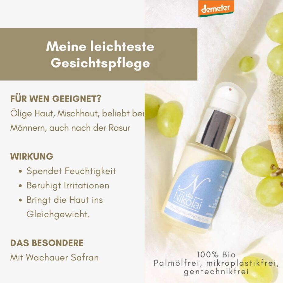 Beige Flasche mit Pumpe, blauem Etikett und Schriftzug. Demeter-Logo. Text: Meine leichteste Gesichtspflege. 100% Bio, palmölfrei, mikroplastikfrei, gentechnikfrei.
