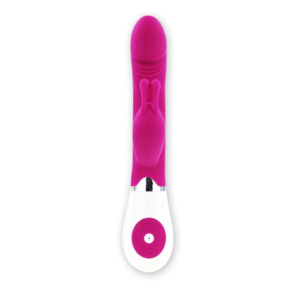 Rosa Vibrator, senkrecht. Mit Kopf, zwei seitlichen Elementen und weißem Griff mit Knopf.