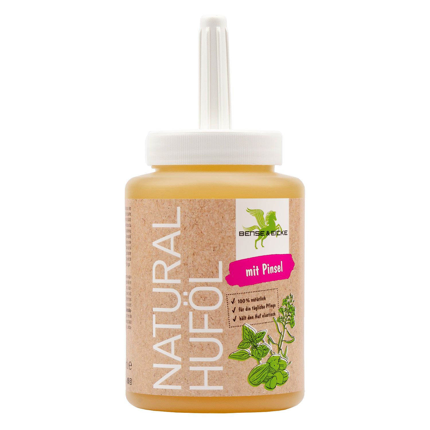 Flasche mit gelbem Öl, weißem Deckel und Pinsel. Aufschrift: Natural Huföl. Logo und Text: mit Pinsel.