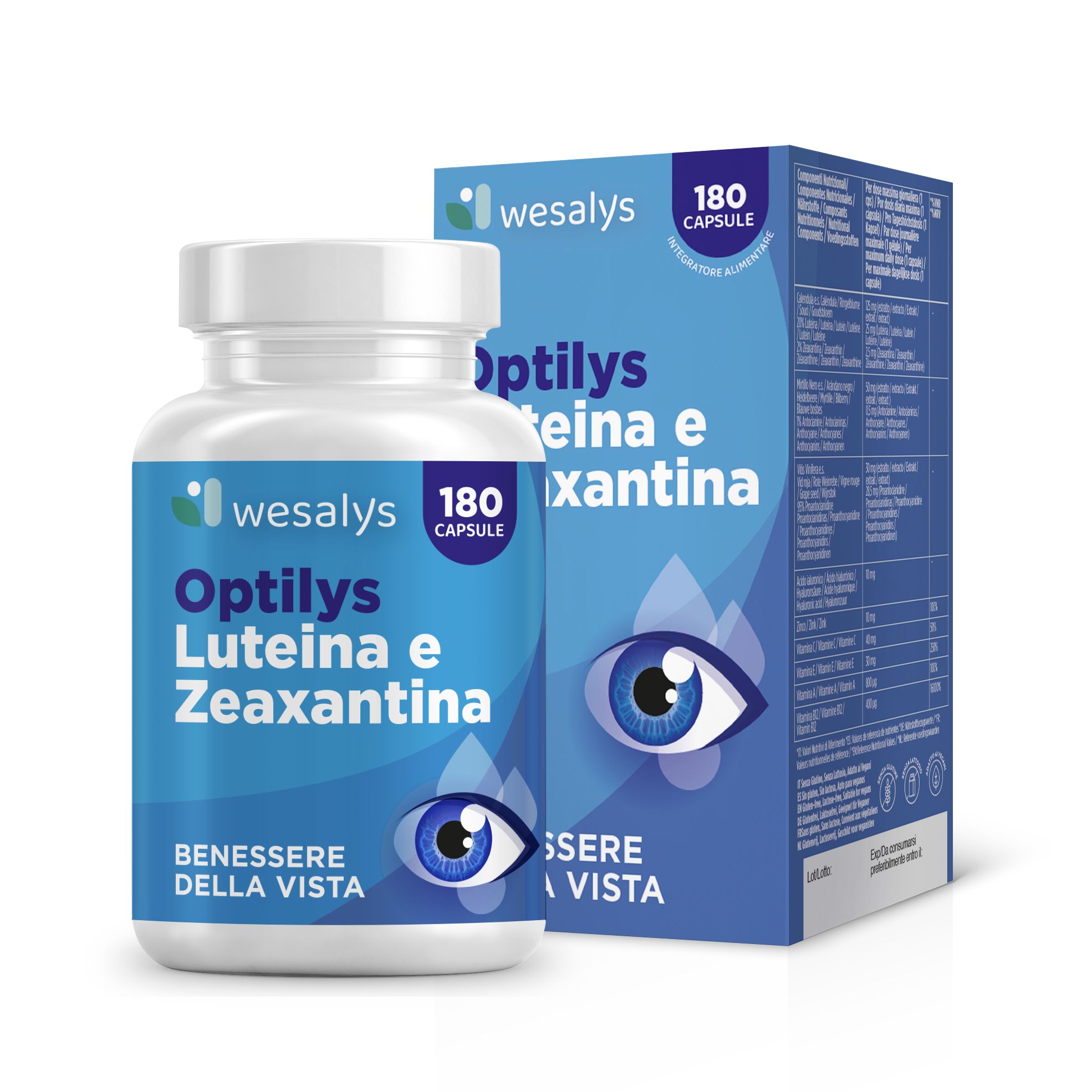 Blaue Flasche mit Kapseln und Schachtel. Aufschrift: Optilys Luteina e Zeaxantina. Für das Wohlbefinden der Augen. 180 Kapseln.