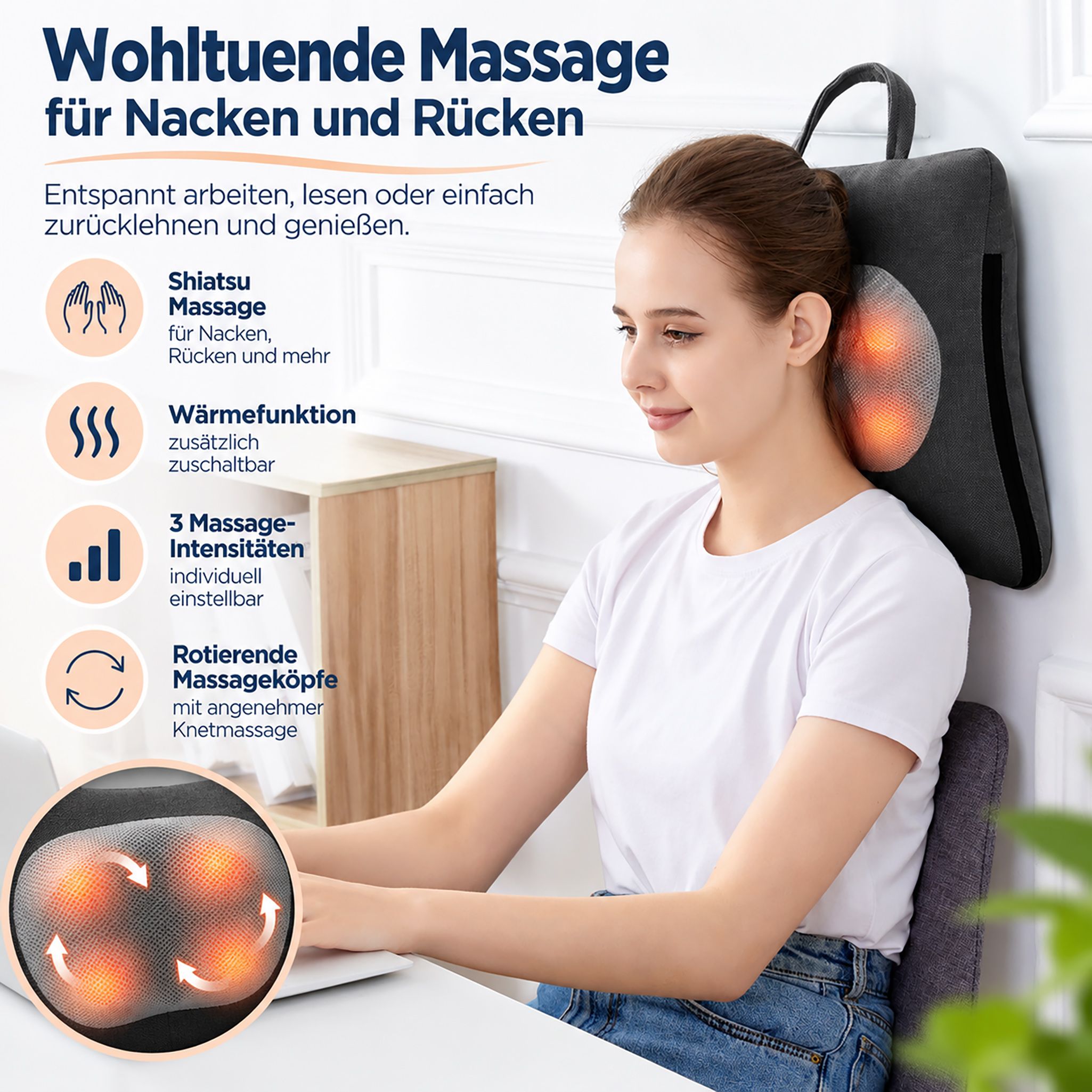 Graues Nackenmassagegerät mit vier rotierenden Köpfen und Wärmefunktion, von einer Frau genutzt.