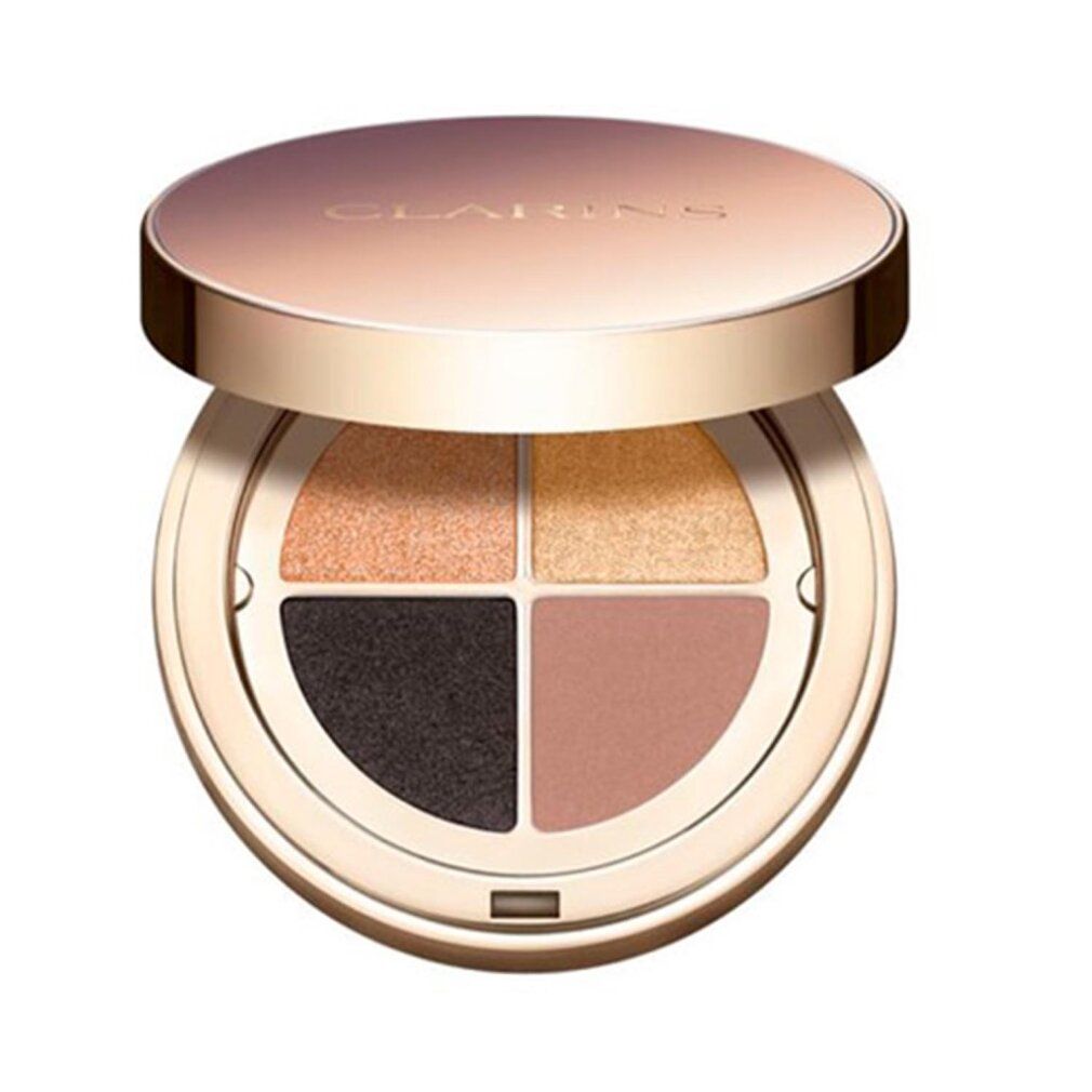 Runder, goldfarbener Lidschatten-Palette mit vier Farben. Deckel geöffnet. Marke Clarins sichtbar.