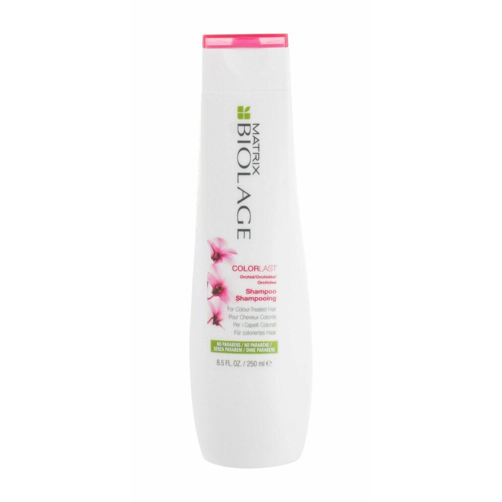 Weiße Shampoo-Flasche mit rosa Akzenten. Biolage-Logo und ColorLast-Schriftzug. 250 ml.
