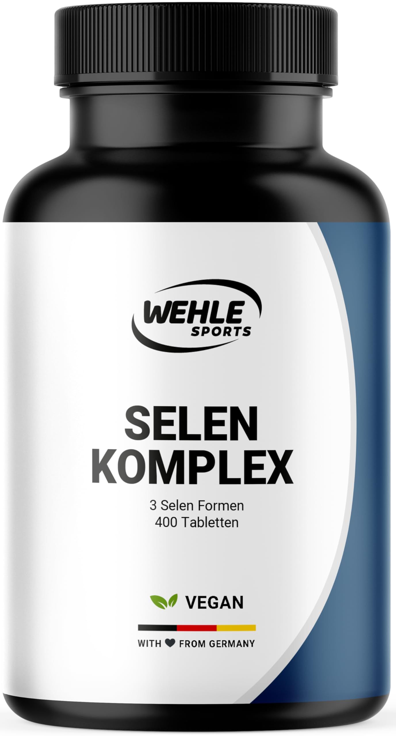 Schwarze Flasche mit weißem Etikett. Aufschrift: WEHLE SPORTS SELEN KOMPLEX, 400 Tabletten, VEGAN, Made in Germany.