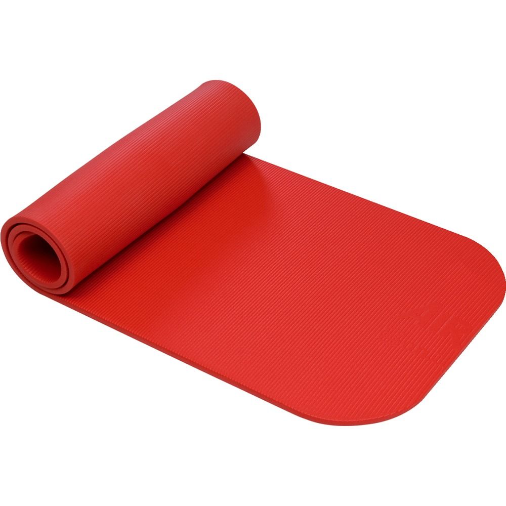 Rote, gerollte Gymnastikmatte mit abgerundeten Ecken. Geriffelte Oberfläche.