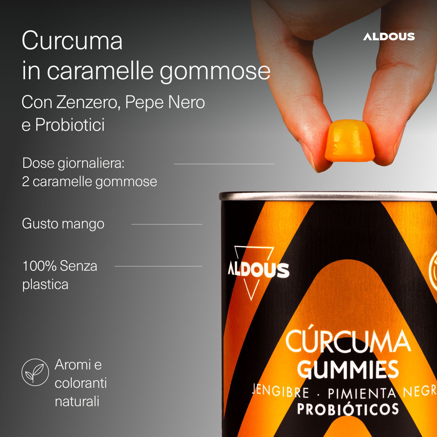 Aldous Curcuma Gummies: Mango, Ingwer, schwarzer Pfeffer, Probiotika. 120 Stück.