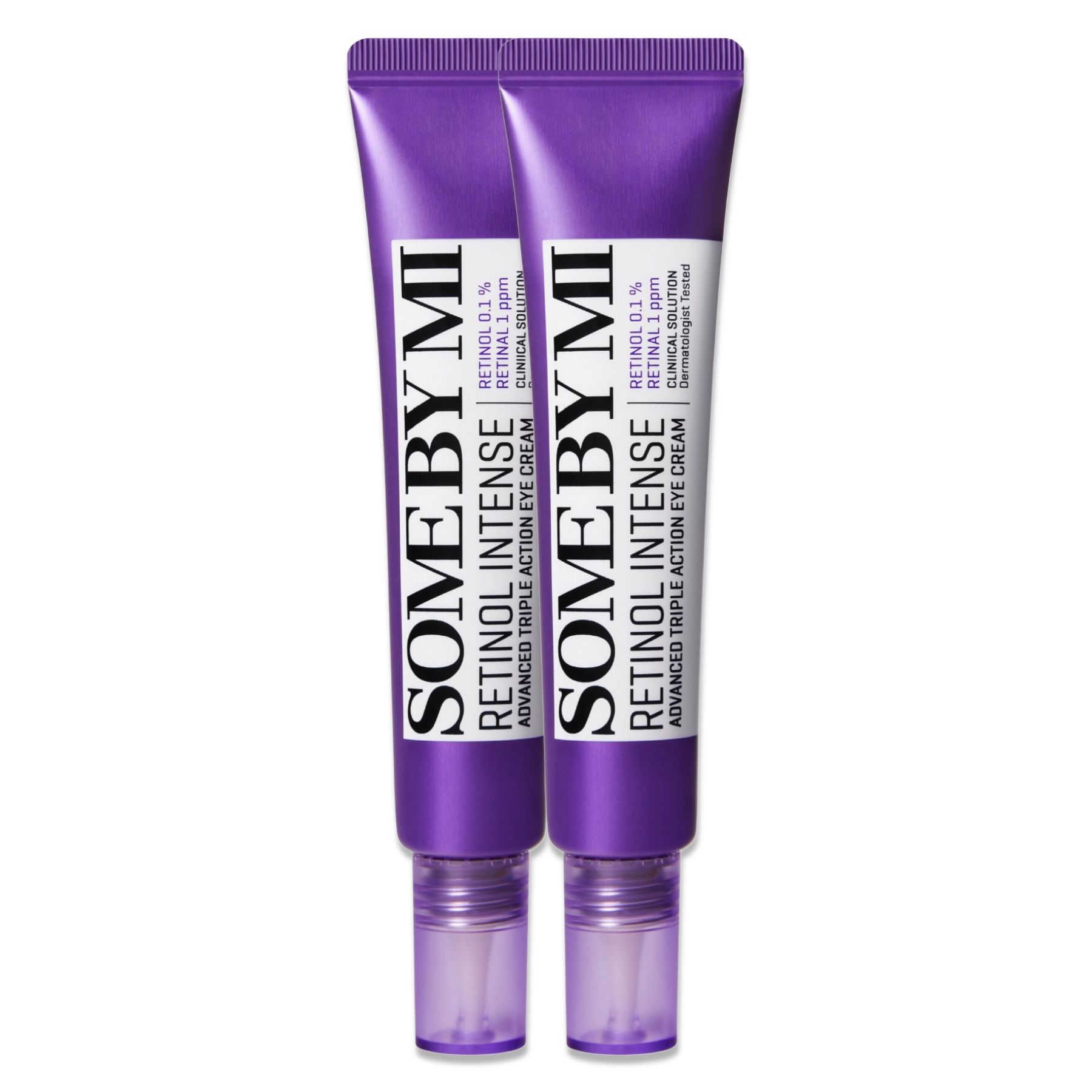Zwei lila Tuben mit weißem Aufdruck. Text: SOME BY MI, Retinol Intense Eye Cream.
