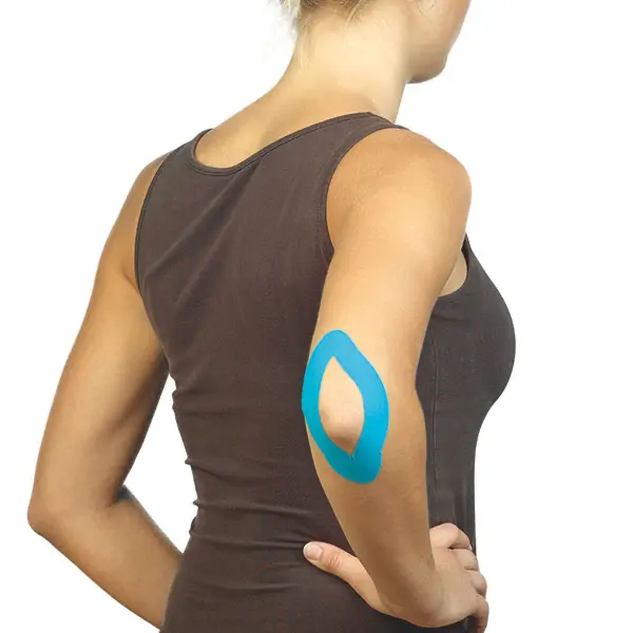 Blaues Tape am Ellbogen einer Person. Das Tape ist in einer ovalen Form angebracht.