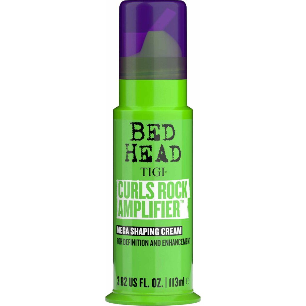 Grüne Flasche mit lila Deckel. Aufschrift: Bed Head TIGI Curls Rock Amplifier. Mega Shaping Cream. 3.82 US fl. oz. / 113ml.