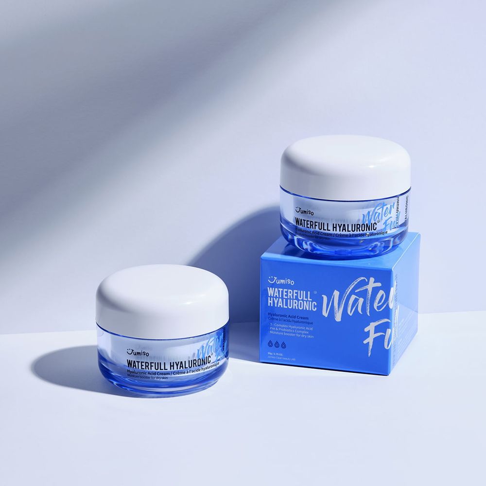 Zwei Creme-Dosen und eine Schachtel. Aufschrift: Waterfull Hyaluronic. Text: Hyaluronsäure-Creme. Blaues Design.