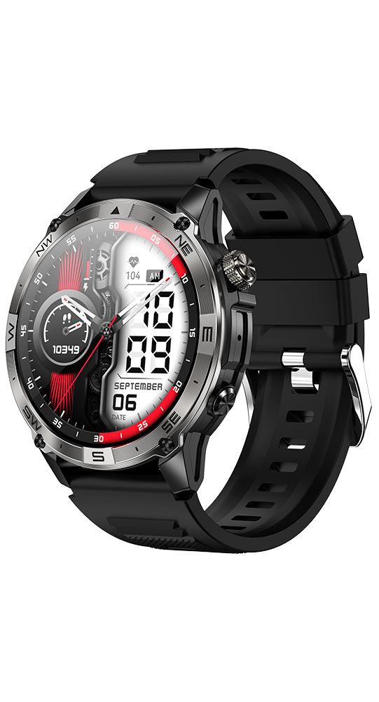 Schwarze Smartwatch mit rundem Zifferblatt. Digitalanzeige mit Datum und Uhrzeit. Schwarzes Armband mit silberner Schnalle.