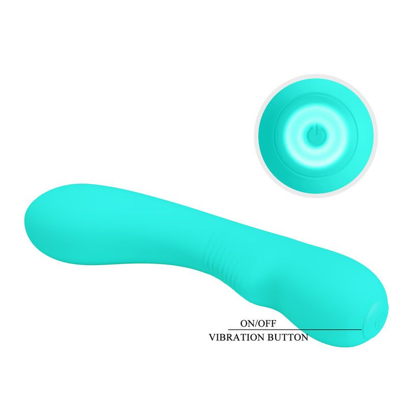 Türkisfarbener Vibrator mit Bedienfeld. Beschriftung: ON/OFF VIBRATION BUTTON. Zusätzliche Ansicht.
