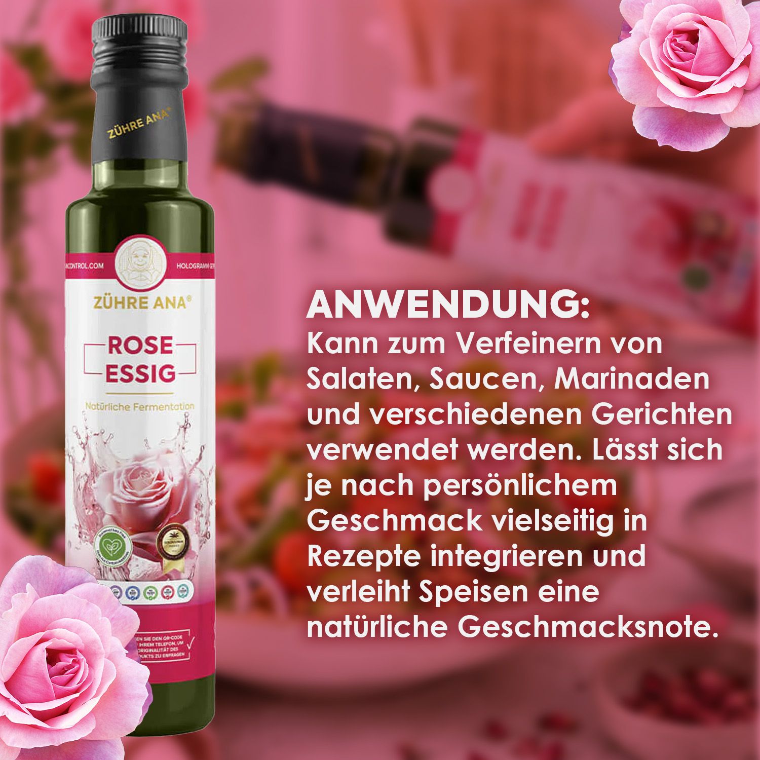Flasche Rosenessig mit Rosenblüten und Text über Anwendung.