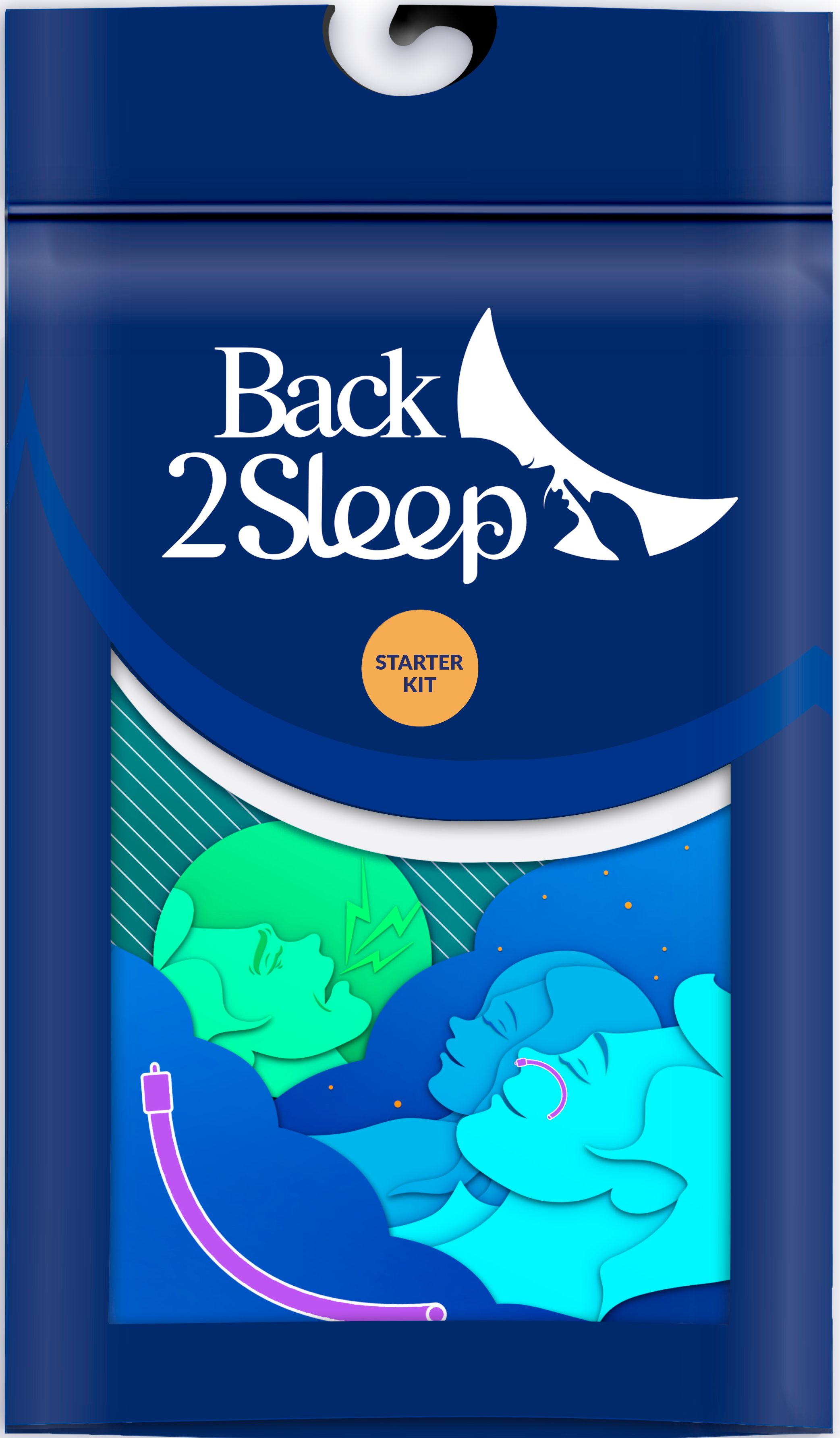 Verpackung von Back2Sleep Starterset. Blau, mit Logo, Illustrationen und Text.